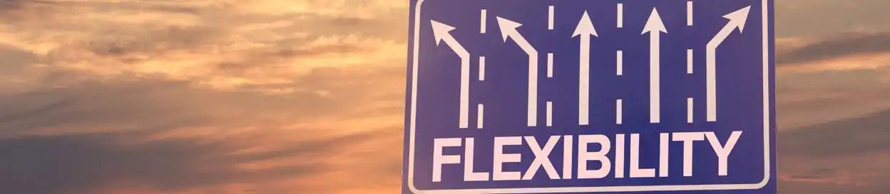 A road sign that says "flexibility", pointing in 5 different directions