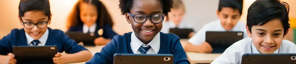 A class of young learners playing with smart tablets