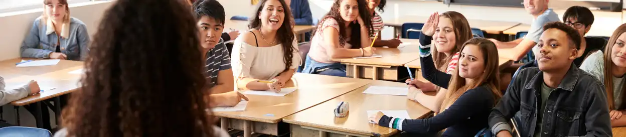 We see the back of a teacher's head, in a busy classroom scenario. A young girl in the foreground has raised her hand to answer a question, as 11 visible students look on.