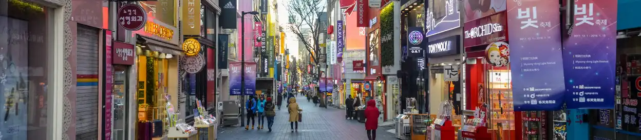 Street life in Seoul - revellers walk on a lane between various colourful shops