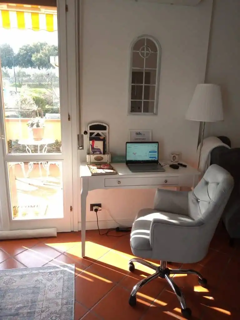 An online teacher's desk, next to it a door looking out at a garden