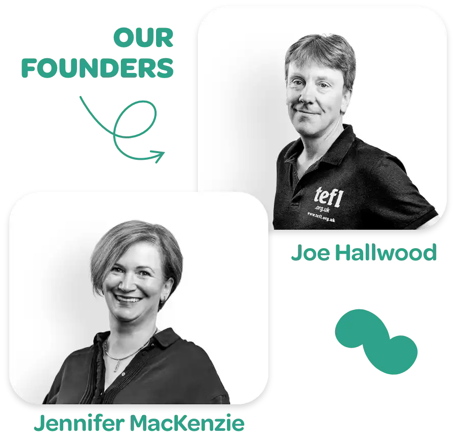 Joe Hallwood wearing a TEFL polo shirt and Jennifer MacKenzie smiling, with text "Our Founders".