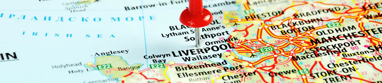 A map with a pin in it over Liverpool in the UK