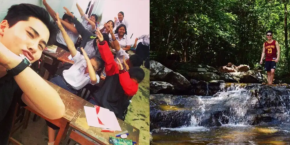 James with students (left) and standing by a river (right)